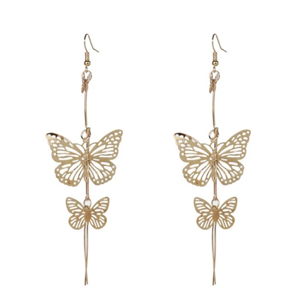 Dazzling Double Butterfly Dangling Earrings, Gold/Silver Butterfly Earrings - Picture 3 of 6